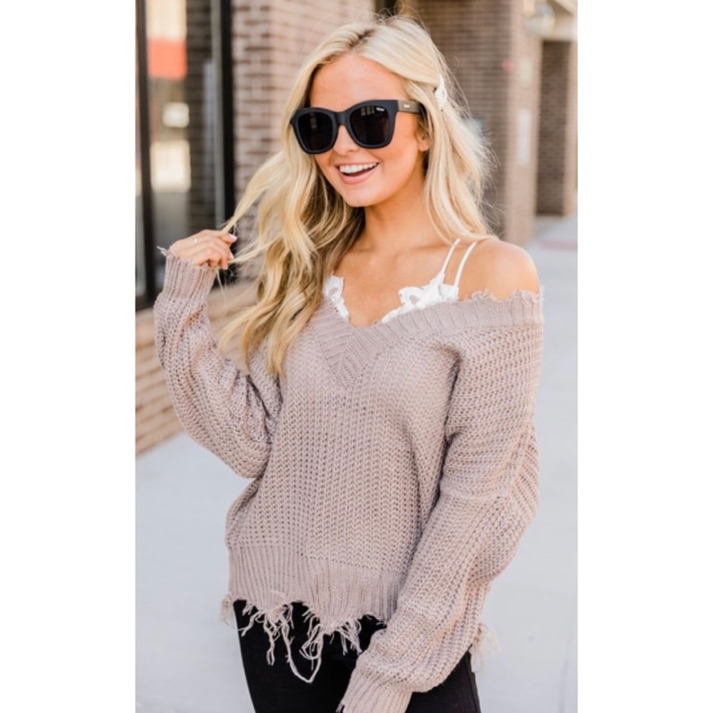 pink lily taupe distressed sweater - Picture 2 of 8